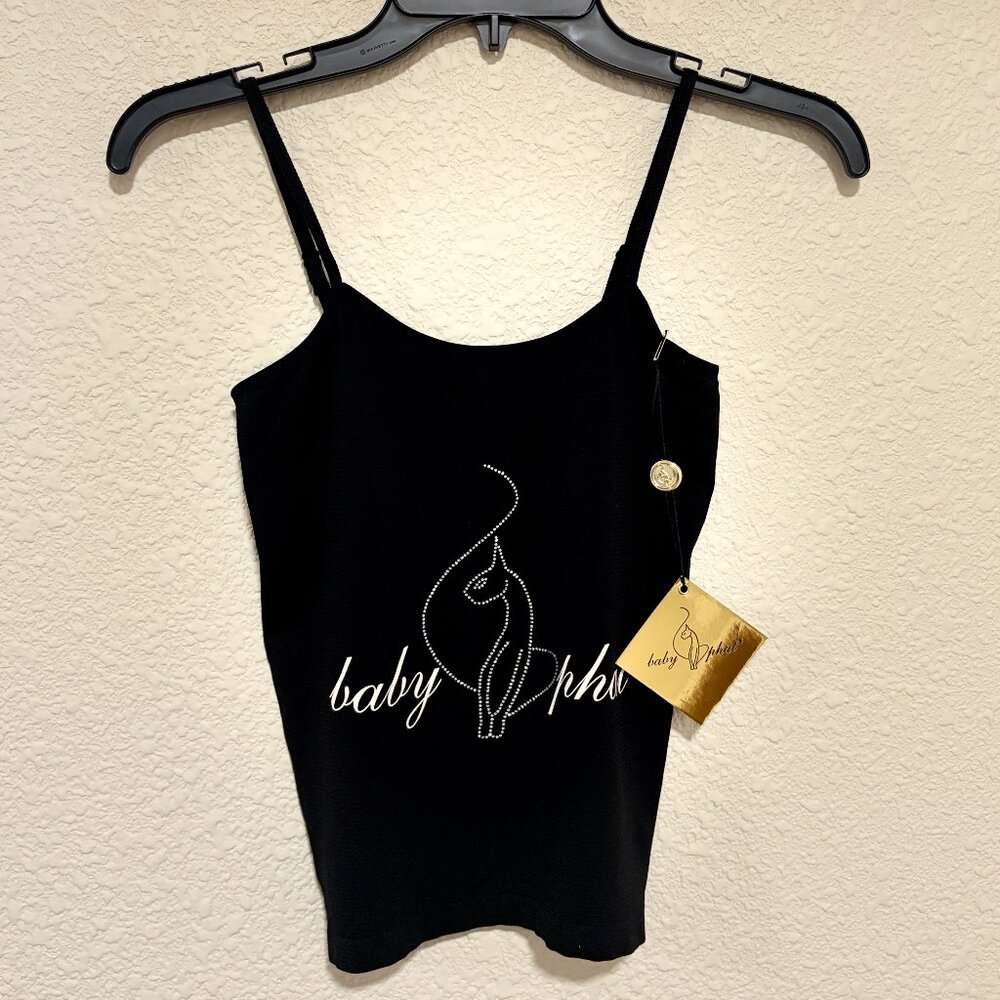Baby Phat Black Rhinestone Cat Tank Top Y2K Fitted Cami Spaghetti Strap